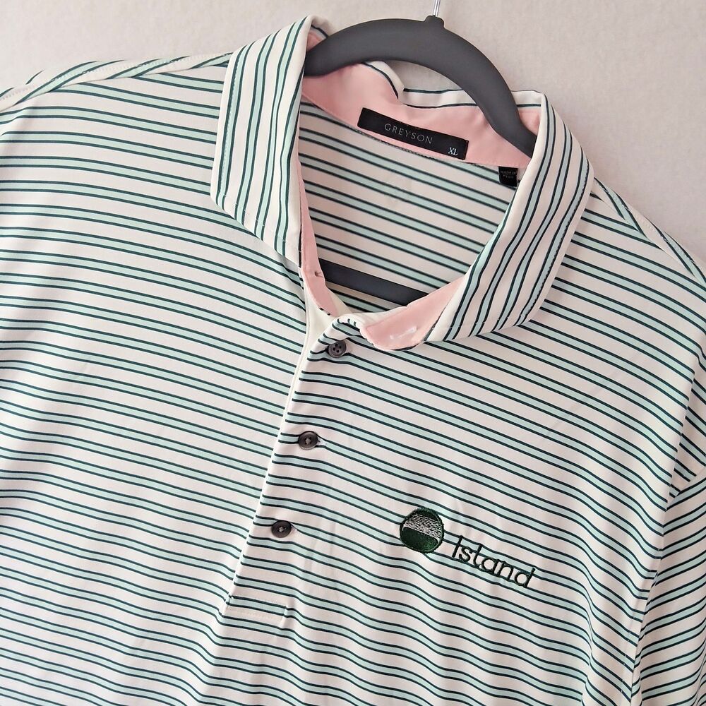 Greyson Shirt Mens XL Pink Blue Stripe Island Golf Club Polo Stretch Wolf #891